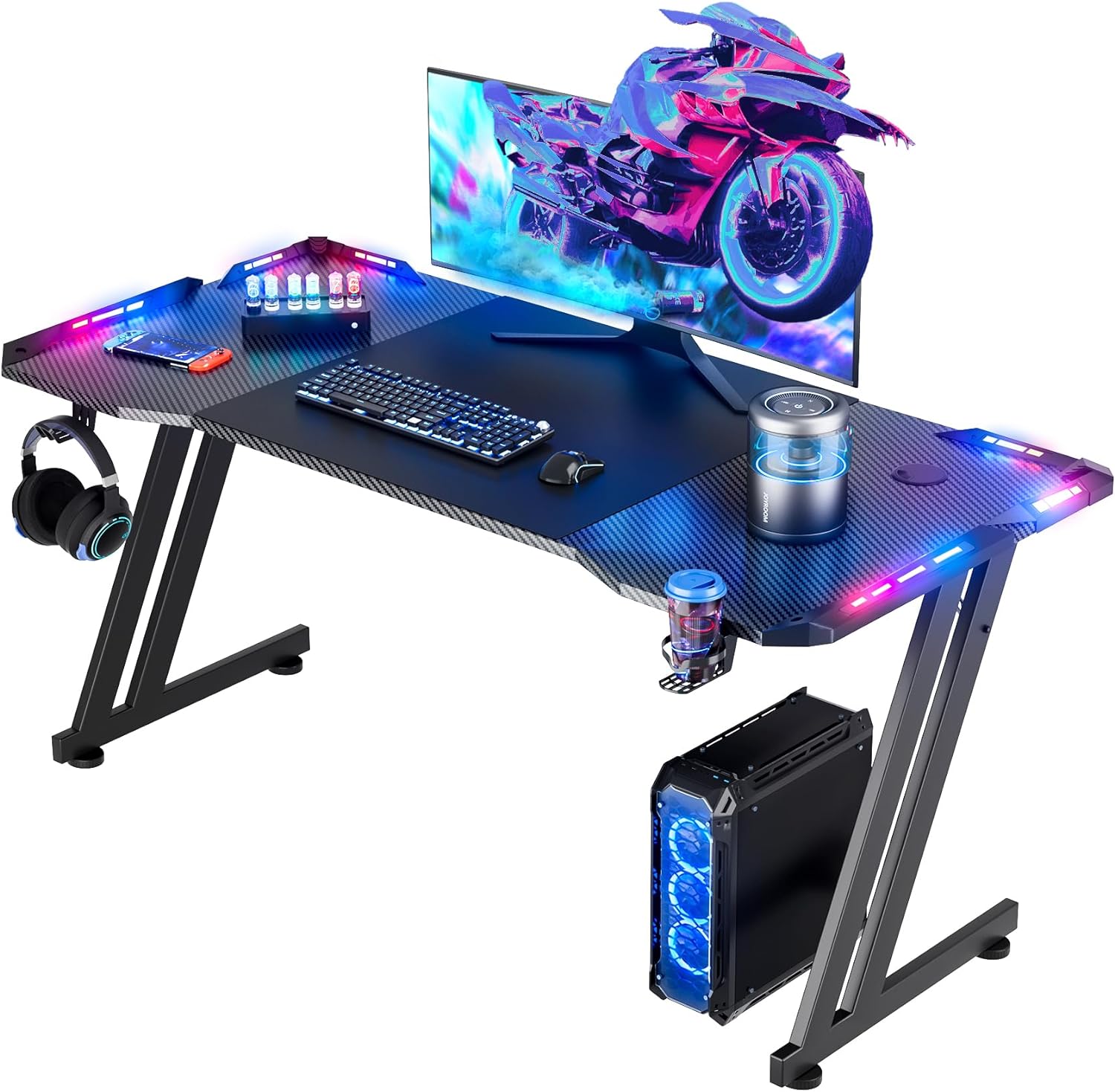 Pc Gaming Lounge - 47インチ/55インチ/63インチ ゲーミングデスク LEDライト付き、カーボンファイバー表面ゲーミングテーブル、大型コンピューターデスク、人間工学に基づいたホームオフィスデスク、Z型PCゲーマーワークステーション、カップホルダーとヘッドホンフック付き、ブラック